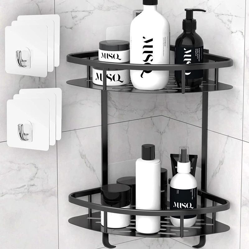 Photo 1 of 2 Tiers Corner Shower Caddy, Shower Organizer, Wall Mounted Aluminum Shower Shelf with Adhesive(No Drilling)
