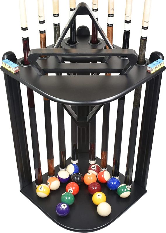 Photo 1 of BILLIARDS XPRESS Pool Cue Rack - Pool Stick Holder Corner Rack with 16 Ball Holders & 6 Pack of Chalk - Rubber Circle Pads to Prevent Damage - Compact Billiard Table Accessories for Man Cave
