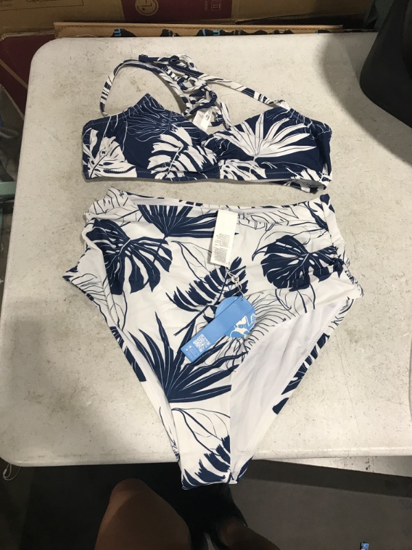 Photo 2 of Blue And White Leafy High Waisted Bikini, Medium