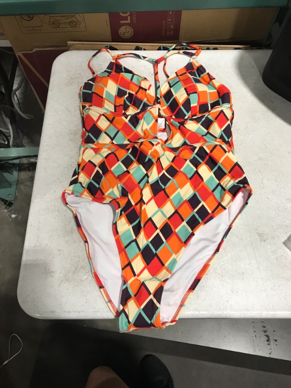 Photo 1 of Geometric Print Plunging Neckline One Piece Swimsuit, Large