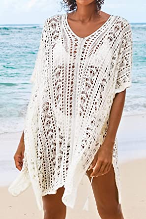 Photo 1 of CUPSHE Women's Crochet Cover Up Kaftan V Neck Drop Shoulder Half Sleeves Lace Loose Waisted Beachwear Cover Up, One Size