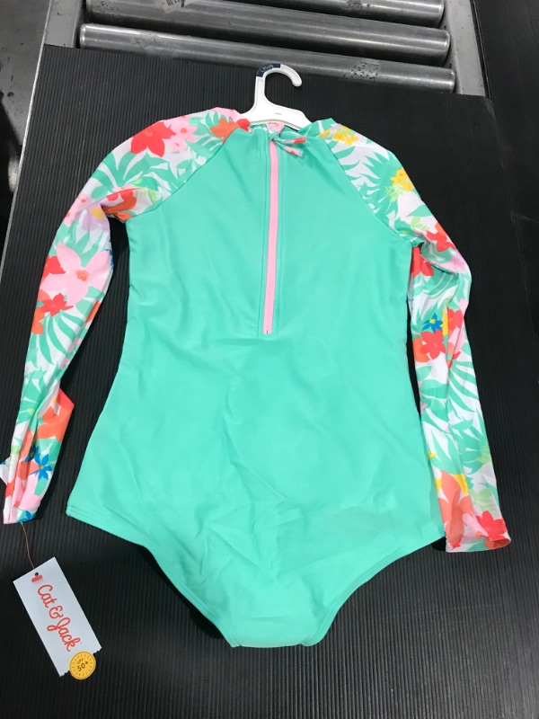 Photo 3 of Girls' Tropical Print Long Sleeve Rash Guard Swimsuit - Cat & Jack™ SIZE (L) PLUS (10/12)
