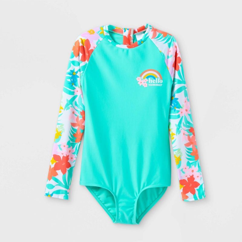 Photo 1 of Girls' Tropical Print Long Sleeve Rash Guard Swimsuit - Cat & Jack™ SIZE (L) PLUS (10/12)
