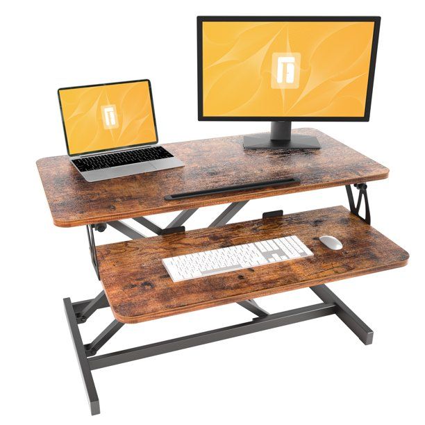 Photo 1 of FEZIBO Standing Desk Converter fits Dual Monitor in Rustic Brown Finish, 32"
