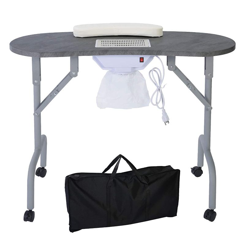 Photo 1 of AGESISI Portable Manicure Table Foldable Nail Desk with Dust Collector Professional Nail Tech Table for Technician Spa Salon Workstation, Client Wrist Pad Carry Bag 4 Lockable Wheels, 36-inch, Black
