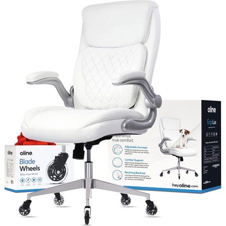 Photo 1 of Oline Ergo Lux Ergonomic PU Leather Office Chair - Rolling Home Desk Chair with Adjustable Armrests, 3D Lumbar Support and Blade Wheels - Computer Chair, Gaming Chairs, Executive Swivel Chair (White)
