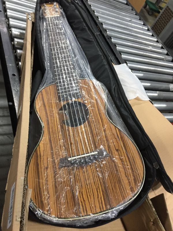 Photo 3 of Caramel 6 String CB103G 30 Inch High Gloss Zebra Wood Acoustic & Electric Ukulele Guitalele with Truss Rod with Padded Gig Bag, Strap and Wall hanger
