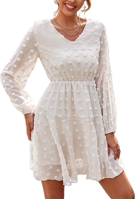 Photo 1 of LYANER Women's V Neck A Line Long Sleeve Mini Dress Swiss Dot Chiffon Elegant Dress XL
