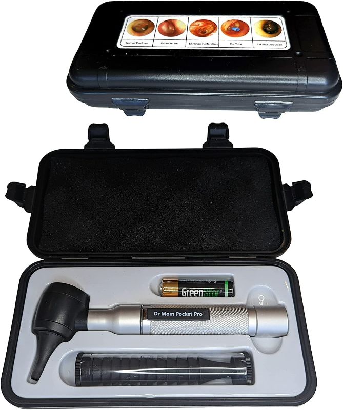 Photo 1 of ?Lifetime Warranty?4th Generation Doctor Mom LED Pocket Pro Otoscope with both Adult and Pediatric Disposable Specula Tips, Battery, and Protective Hard Plastic Case
