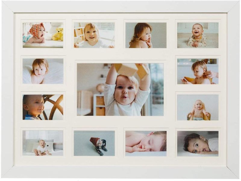 Photo 1 of 13 Opening Collage Picture Frame with Double White Mat - Displays One 4x6 and Twelve 2x3 - Wall Mounting, Landscape, Portrait - White
