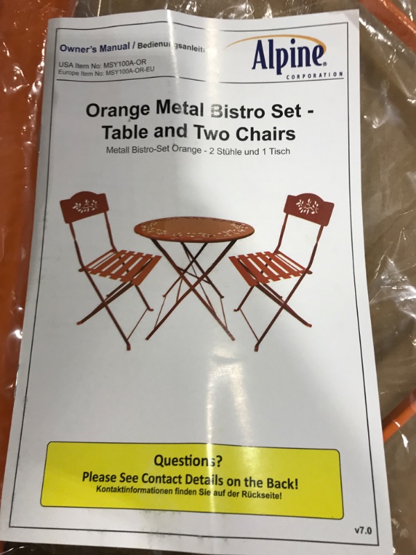 Photo 3 of Alpine Corporation Indoor/Outdoor 3-Piece Bistro Set Folding Table and Chairs Patio Seating, Orange
