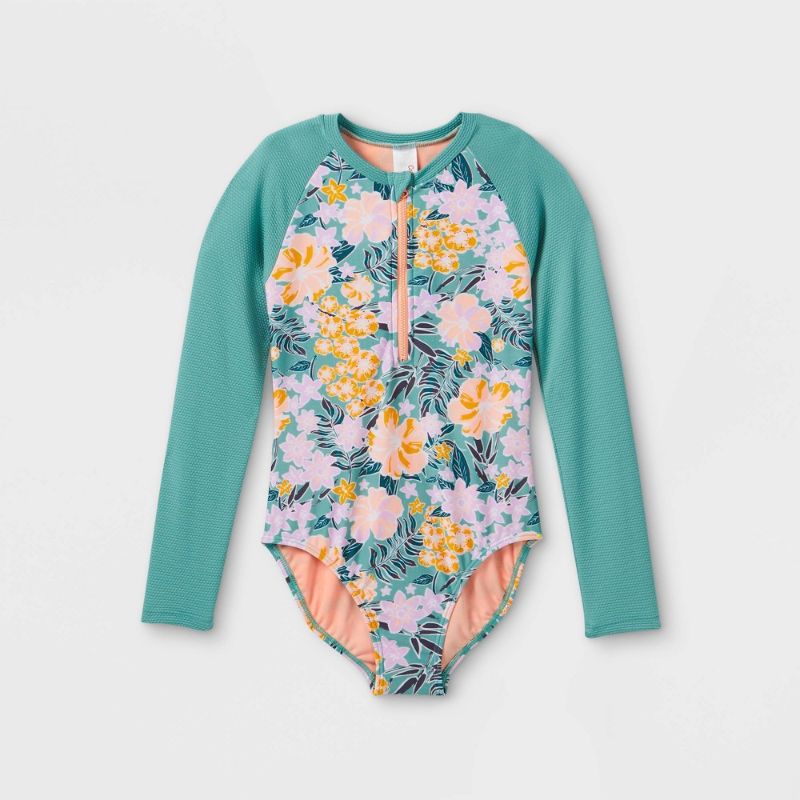 Photo 1 of Girls' Floral Print Ribbed Long Sleeve One Piece Rash Guard - Cat & Jack™ Green
SIZE LARGE PLUS
2 PACK