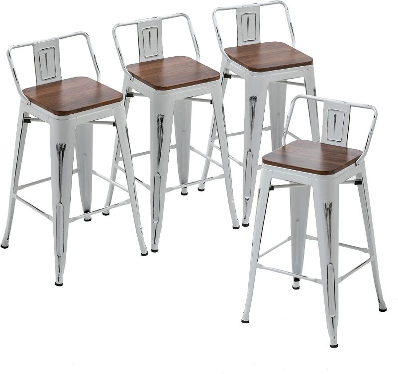 Photo 1 of Alunaune 24" Metal Bar Stools Set of 4 Counter Height Barstools Industrial Counter Stool Kitchen Bar Chairs with Modern Wooden Seat-Low Back, Distressed White