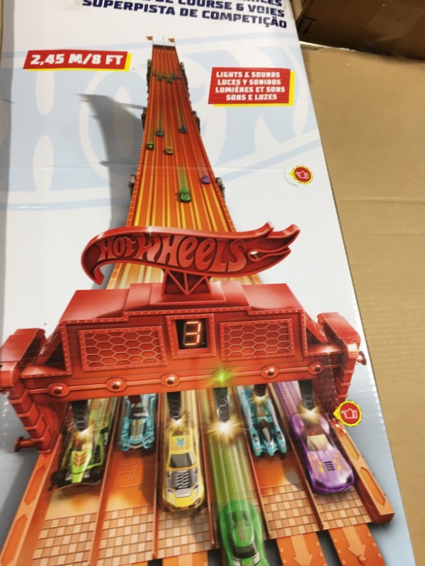 Photo 3 of ?Hot Wheels Super 6-Lane Raceway with Lights & Sounds, Includes 6 Hot Wheels Vehicles, Track Unfolds to 8 Feet, Collapses for Easy Storage, Gift for Kids 5 Years & Older , Orange