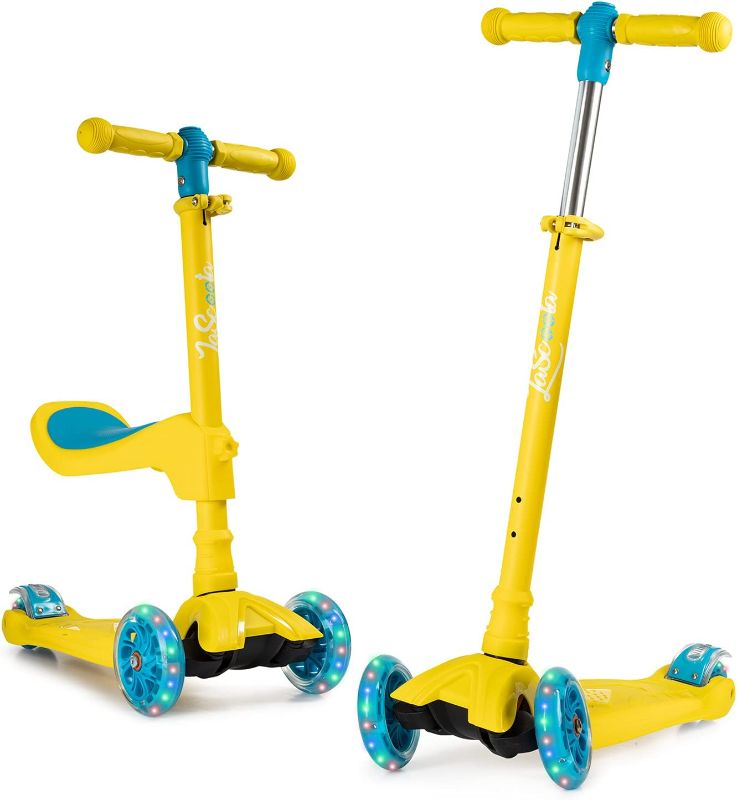 Photo 1 of LaScoota 2-in-1 Kids Kick Scooter, Adjustable Height Handlebars and Removable Seat, 3 LED Lighted Wheels and Anti-Slip Deck, for Boys & Girls Aged 3-12 and up to 100 Lbs.
