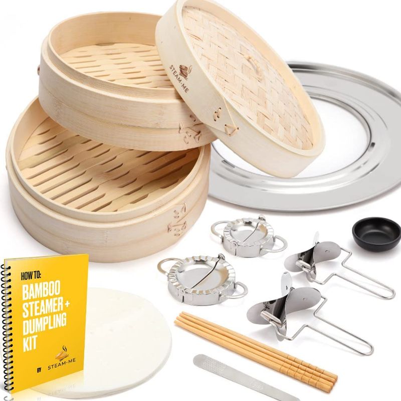 Photo 1 of 10 Inch Bamboo Steamer Basket with Steamer Ring- Steaming Basket for use as Dumpling Steamer, Bao Steamer, Dim Sum Steamer, Bun Steamer Basket Bamboo- Includes 2 Dumpling Maker Molds, 40 Liners & More
