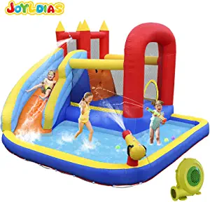 Photo 1 of JOYLDIAS Inflatable Water Slide Bounce House, Jumper Slide Playhouse with Water Gun & Splash Pool, Bouncer, Basketball Hoop, 450W Air Blower, Carry Bag, Indoor/Outdoor Use