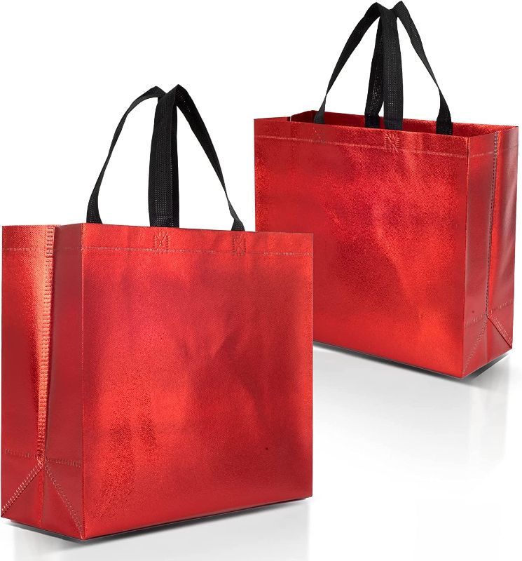 Photo 1 of 12 Red Gift Bags Set, Non-Woven Reusable Shiny Gift Bags with Glossy Red Finish - Ideal As Birthday Bag, Favor Bags, Goodie Bags for Wedding, Birthday Party -13x5x11 Medium-Large Size
