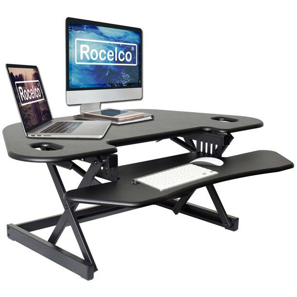 Photo 1 of Rocelco 46" Height Adjustable Corner Standing Desk Converter - Quick Sit Stand up Dual Monitor Riser - Gas Spring Assist Black 1
