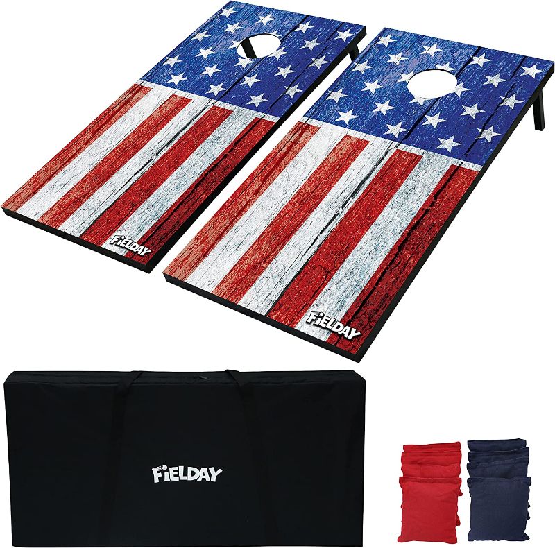 Photo 1 of JOYIN American Flag Cornhole Set, 4x2ft Regulation Size Cornhole Game Set, Includes 8 Bean Bags, Travel Case and Game Rules, Outdoor Backyard Lawn Gam
