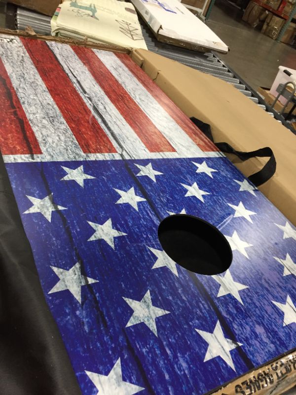 Photo 4 of JOYIN American Flag Cornhole Set, 4x2ft Regulation Size Cornhole Game Set, Includes 8 Bean Bags, Travel Case and Game Rules, Outdoor Backyard Lawn Gam
