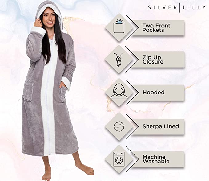 Photo 1 of [Size Large] Silver Lilly Womens Fleece Robe Sherpa Lined with Hood Zip-Up Luxury Bathrobe [Grey]