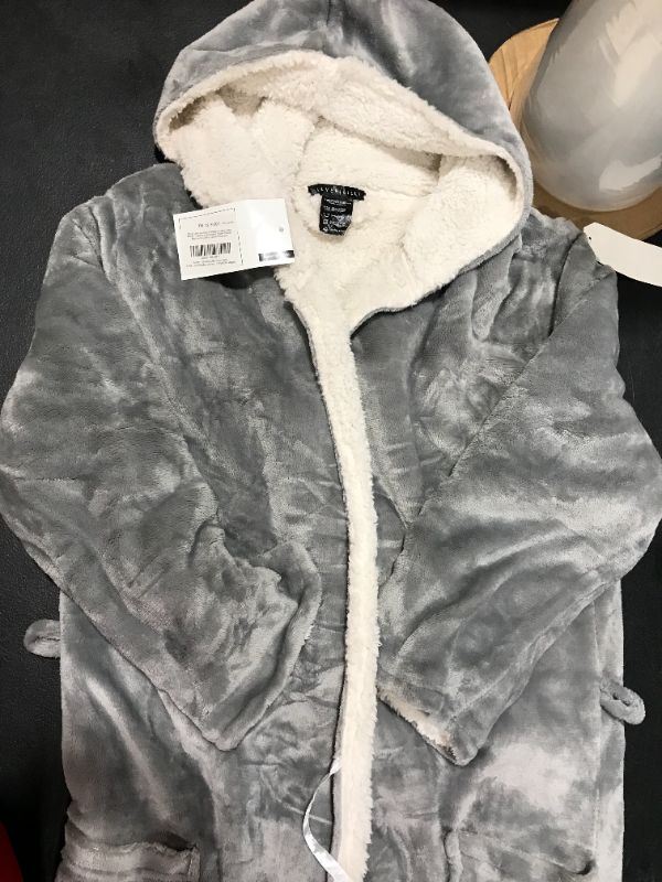 Photo 2 of [Size Large] Silver Lilly Womens Fleece Robe Sherpa Lined with Hood Zip-Up Luxury Bathrobe [Grey]