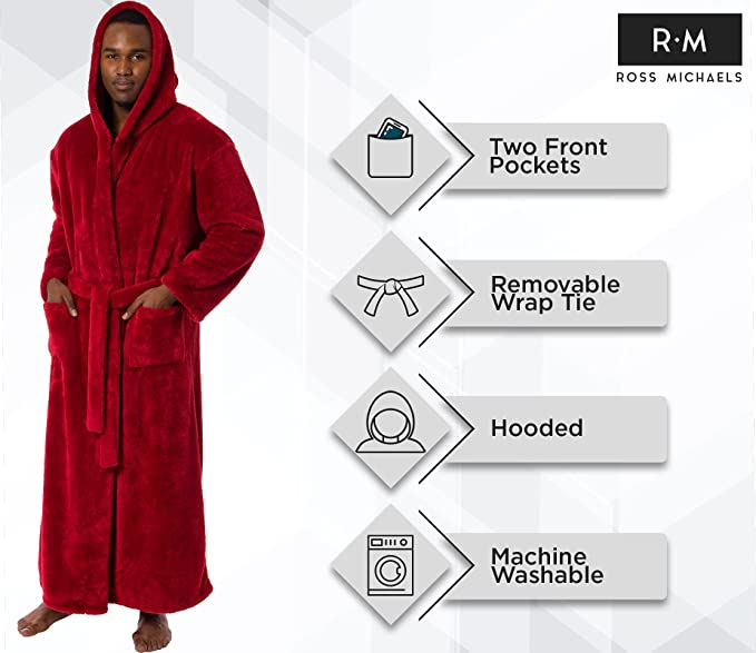 Photo 1 of [Size Small/Medium B&T] Ross Michaels Mens Robe Big & Tall with Hood - Long Plush [Red]