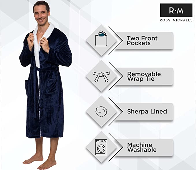 Photo 2 of [Size XXLarge] Ross Michaels Mens Robe -Plush Sherpa Lined Fleece Bathrobe with Shawl Collar Mid [Navy]