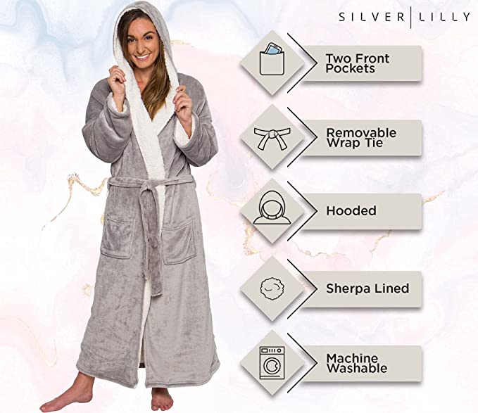 Photo 2 of [Size Small/Medium] Silver Lilly Womens Sherpa Lined Fleece Robe with Hood - Full Length Warm Plush Luxury Bathrobe [Grey]