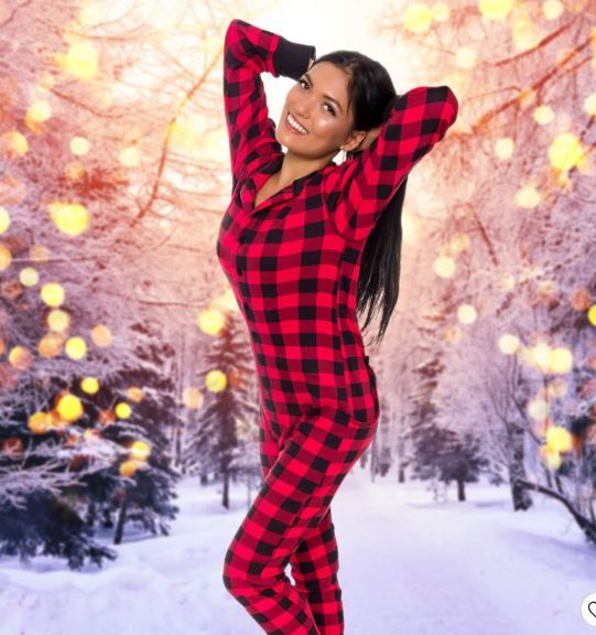 Photo 1 of [Size Medium] Silver Lilly - Slim Fit Women's Buffalo Plaid One Piece Pajama Union Suit with Butt Flap

