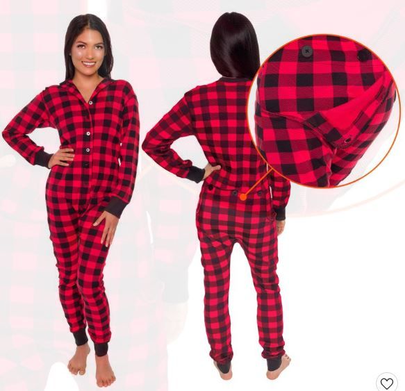 Photo 2 of [Size Medium] Silver Lilly - Slim Fit Women's Buffalo Plaid One Piece Pajama Union Suit with Butt Flap

