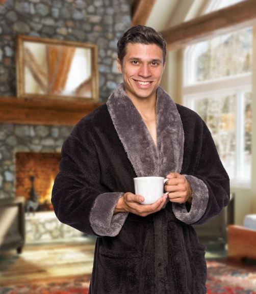 Photo 2 of [Size 3XL] Ross Michaels - Men's Big & Tall Mid-Length Plush Luxury Bathrobe [Black/Grey]