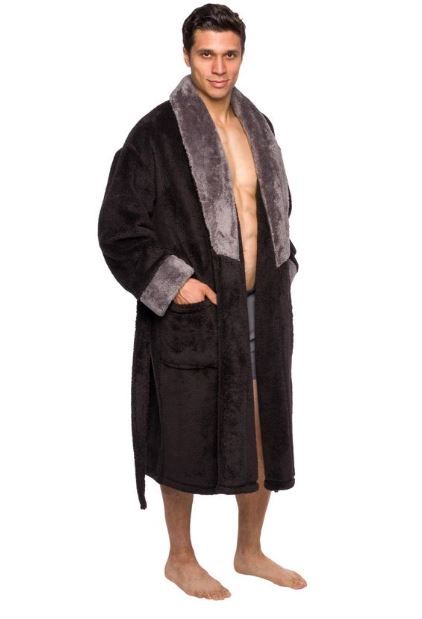 Photo 1 of [Size 3XL] Ross Michaels - Men's Big & Tall Mid-Length Plush Luxury Bathrobe [Black/Grey]
