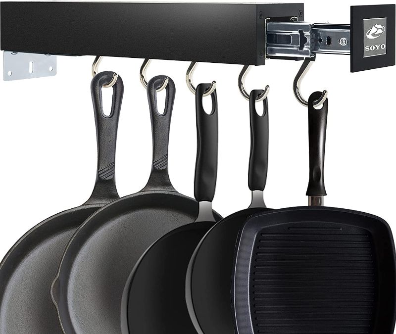 Photo 1 of Adjustable Pot Racks Pan Utility Organizer Pull Out Kitchen Cabinet 5 Hook for Hanging, Sliding Pantry Organization and Storage, Black