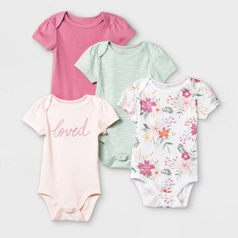 Photo 1 of Baby Girls' 4pk Meadow Short Sleeve Bodysuit - Cloud Island™ Pink/White/Green- SIZE 0-3MON