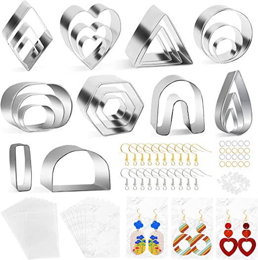 Photo 1 of 24Pcs Polymer Clay Cutters for Earring Making, Stainless Clay Cutters with Earring Cards, Earring Hooks, Jump Rings, Self Adhesive Bags for Jewelry Craft Making
