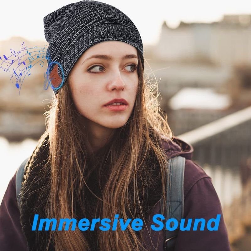 Photo 2 of Coucur Bluetooth 5.0 Beanie Hat for Men Women, Winter Knitted Beanie with Bluetooth Speaker, Wireless Beanie Bluetooth Headset, Musical Hat Bluetooth Headphones, Built-in Mic, Gifts for Family Friends
