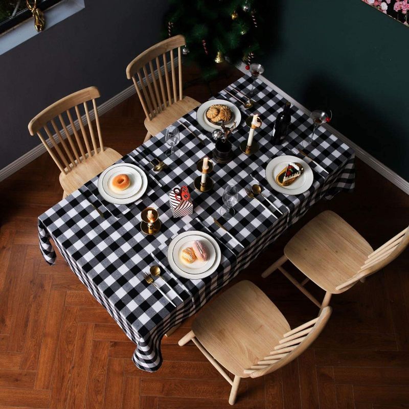 Photo 2 of Buffalo Plaid Rectangle Tablecloth Cotton Linen Check Plaid Table Cover for Christmas Party Wedding Table Decoration ( 55 x 70 Inch, White & Black )
