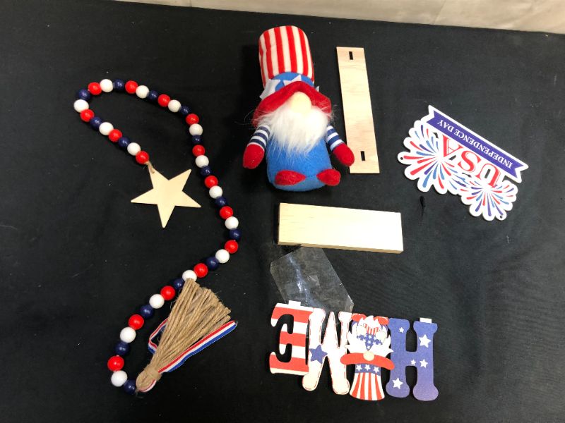 Photo 4 of 4th of July Decorations Tiered Tray Decor, Patriot Decorations with Gnomes Memorial Day Decorations Wooden Signs Red White and Blue Bead Garland, Farmhouse Tiered Tray Decorations (Tray Not Included)
