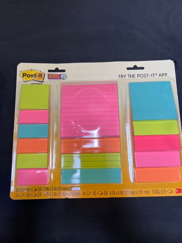 Photo 2 of Post-it Super Sticky Notes, Assorted Sizes, 15 Pads, 2x the Sticking Power, Miami Collection, Neon Colors (Orange, Pink, Blue, Green), Recyclable (4423-15SSMIA)
