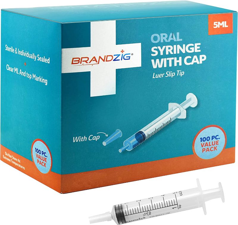 Photo 1 of 5ml Syringe With Cap (100 Pack) | Oral Dispenser Without Needle, Luer Slip Tip, | Individually Wrapped Medicine Dropper For Infants & Pets
