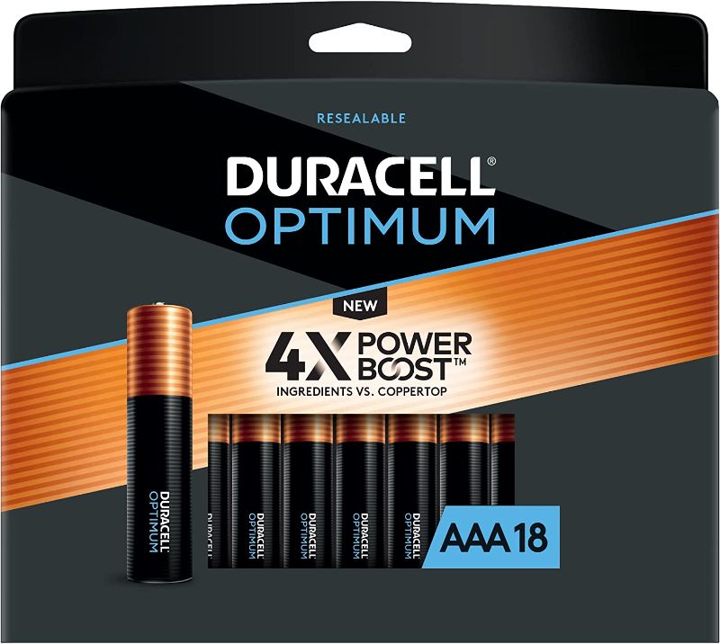 Photo 1 of Duracell Optimum AAA Batteries | Lasting Power Triple A Battery | Alkaline AAA Battery Ideal for Household and Office Devices | Resealable Package for Storage, 18 Count (Pack of 1)