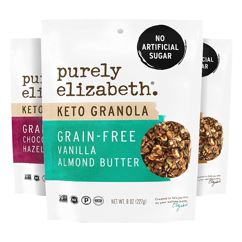 Photo 1 of purely elizabeth Granola Keto Variety Pack, Vanilla Almond Butter, Cinnamon Peanut Butter, Chocolate Hazelnut, Keto & MCT Oil, Coconut Sugar, Chia Seeds, Gluten Free, Non-GMO, (3 ct), EXP 07/08/2022
