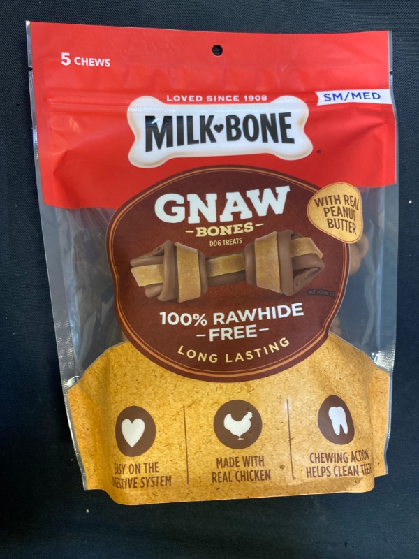 Photo 2 of Milk-Bone Gnaw Bones Long Lasting and Rawhide Free Dog Treats, Peanut Butter & Chicken, Small/Medium Knotted Bones
