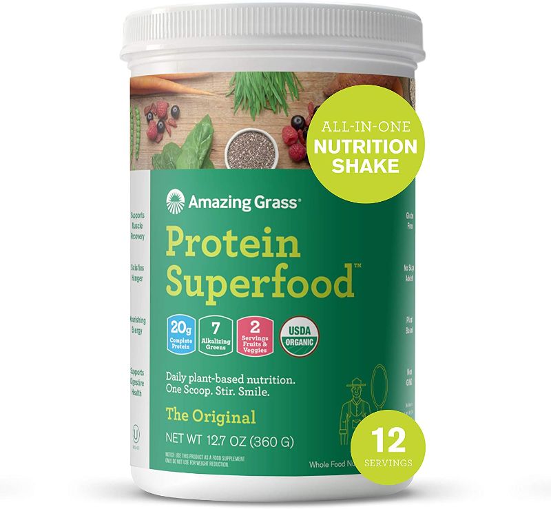 Photo 1 of Amazing Grass Protein Superfood: Vegan Protein Powder, All in One Nutrition Shake, Unflavored, 12 Servings, EXP 10/2022
