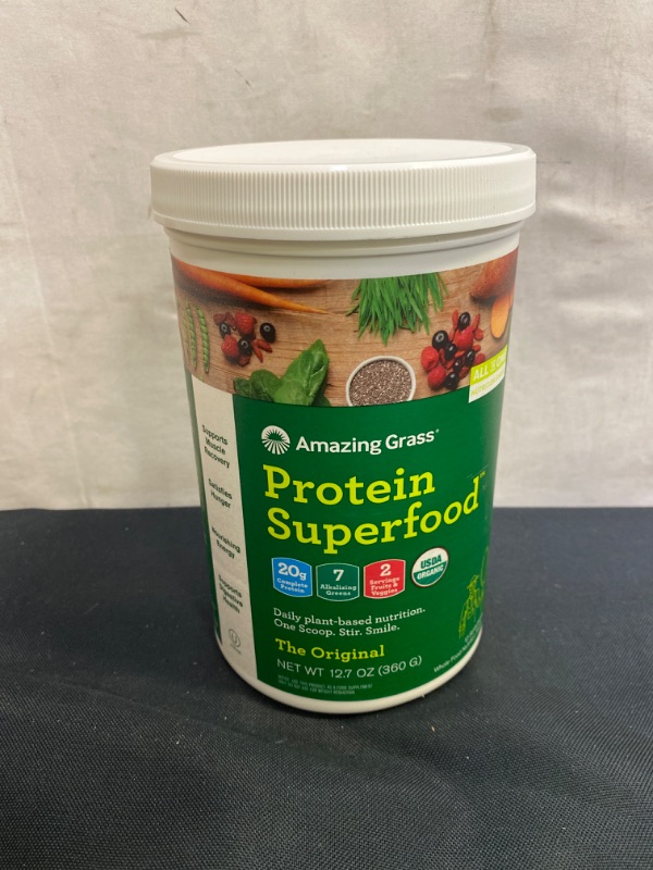 Photo 2 of Amazing Grass Protein Superfood: Vegan Protein Powder, All in One Nutrition Shake, Unflavored, 12 Servings, EXP 10/2022
