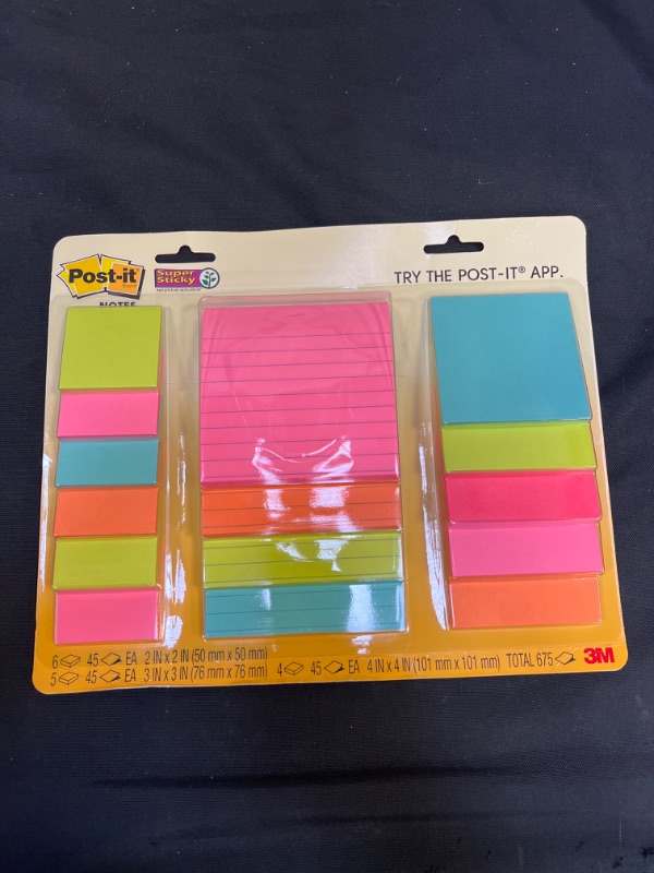 Photo 2 of Post-it Super Sticky Notes, Assorted Sizes, 15 Pads, 2x the Sticking Power, Miami Collection, Neon Colors (Orange, Pink, Blue, Green), Recyclable (4423-15SSMIA)
