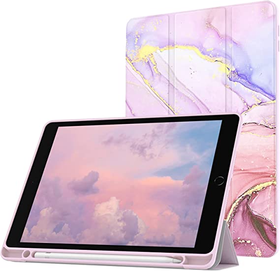 Photo 1 of Supveco iPad 10.2 Case 9th/8th/7th Generation with Pencil Holder[2021/2020/2019 Release], Soft TPU Trifold Stand Smart Cover, Auto Wake/Sleep Shockproof Case, Marble Pink
