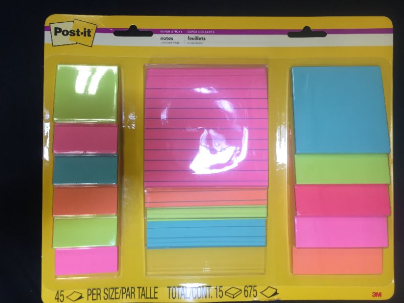 Photo 2 of Post-it Super Sticky Notes, Assorted Sizes, 15 Pads, 2x the Sticking Power, Miami Collection, Neon Colors (Orange, Pink, Blue, Green), Recyclable (4423-15SSMIA)
